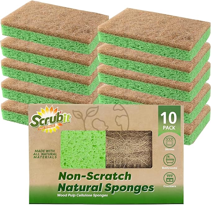 SCRUBIT Natural Sponges - 10 Pack Biodegradable Compostable Cellulose and Coconut Natural Sponges for Dishes, Eco Friendly Non Toxic Kitchen Sponge