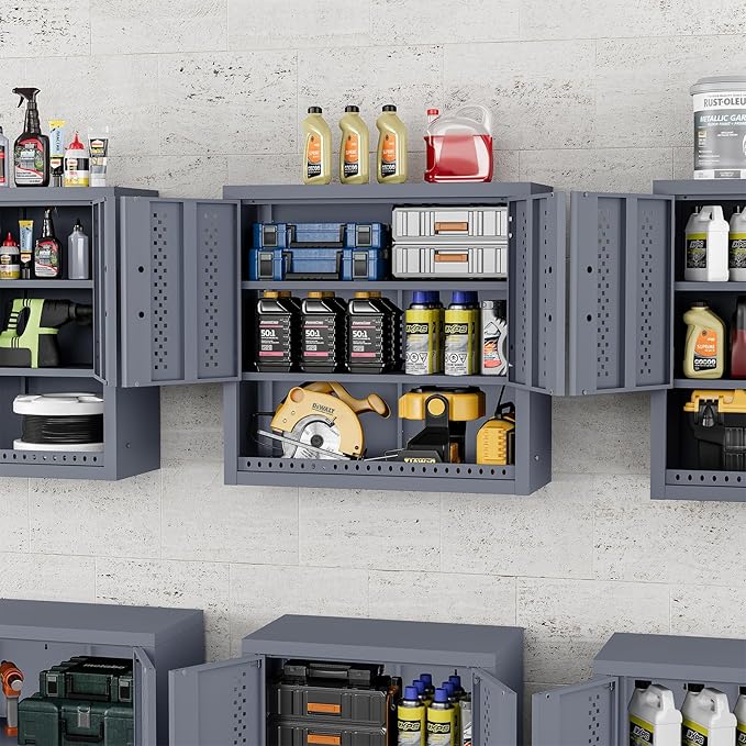 Metal Garage Storage Cabinet Industrial Style Wall Garage Cabinets with 2 Doors Open Storage and Adjustable Shelf Wall Mounted Steel Hanging Cabinet for Warehouse Kitchen Laundry - Assembly Required