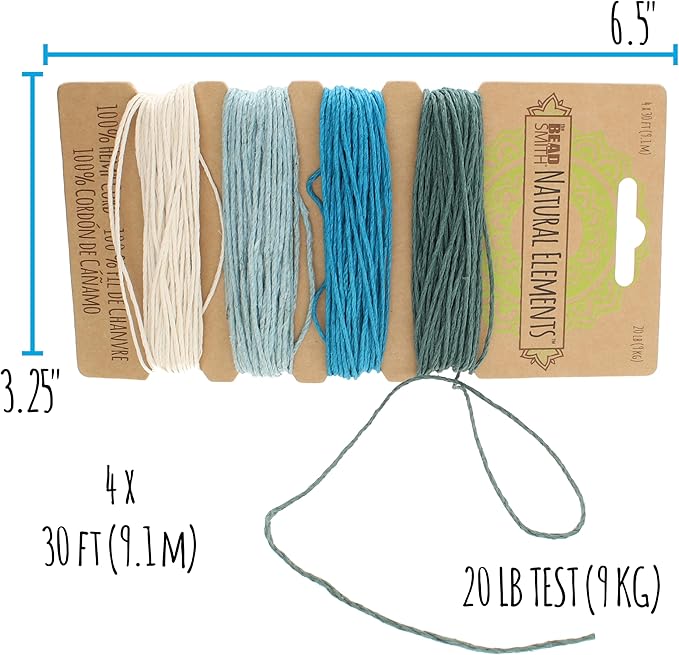 The Beadsmith 100% Hemp Cord – Aqua Colors – 1mm, 30 Foot Spool, 20LB Test Strength – Twine for Jewelry Making, Macrame, Paper Crafts, Gardening, Scrapbooking, Home Décor, DIY String Art & More