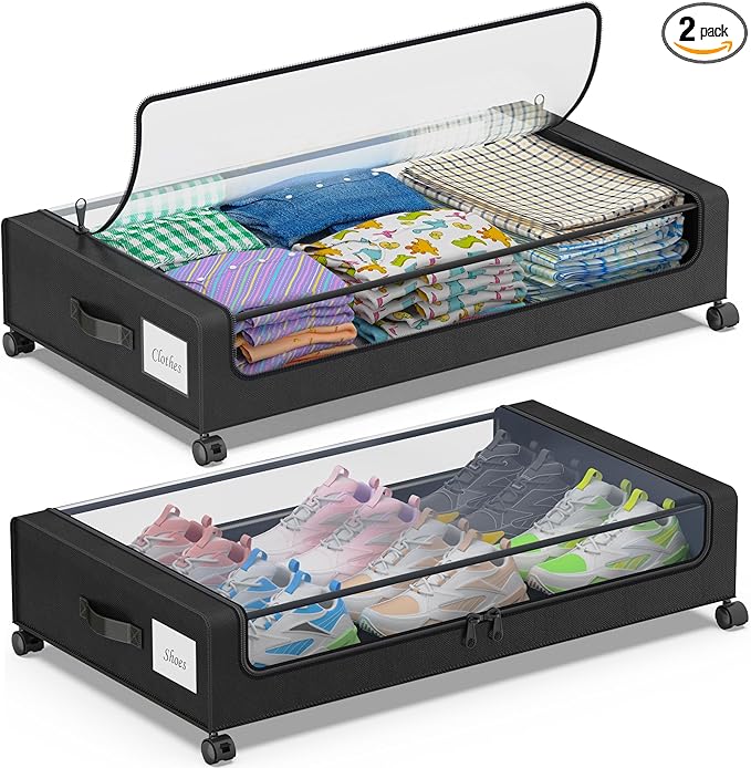 Under Bed Storage with Wheels, 2-Pack Under Bed Storage Containers with Clear Lids, XXL 60L Under the bed storage Organizer Bins, Rolling Under Bed Metal Drawer for Clothes,Shoes,Toys (Black, 2 Pack)