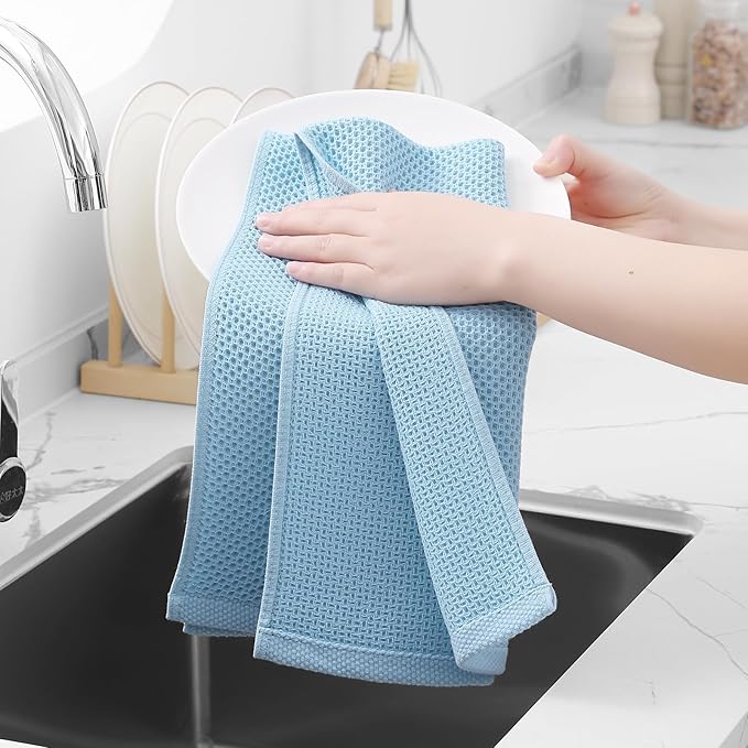 Homaxy 100% Cotton Waffle Weave Kitchen Dish Towels, Ultra Soft Absorbent Quick Drying Cleaning Towel, 13 x 28 Inches, 8-Pack, Sky Blue