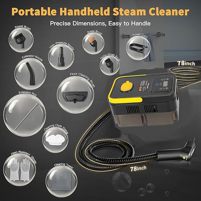 Handheld Pressurized Steam Cleaner， 6-Level Adjustable Handle 20s Heat-Up Big Tank, Portable Steamer for Cleaning Stubborn Dirt Grease Tile Grout Floor Car (Black/Yellow)