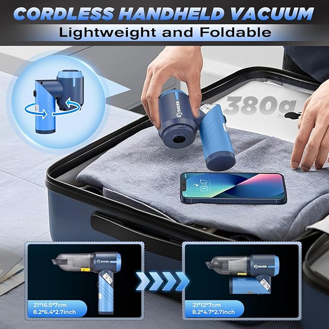 Saker Portable Car Vacuum Cleaner Cordless High Power 17000PA 3 in 1 Foldable Handheld Vacuum Cordless with Brushless Motor for Inflation,Dust Blowing,Home Car Cleaning HL132 Blue