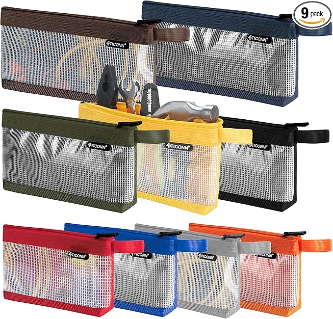 TICONN Tool Pouch, 1680D Oxford Small Tool Bag, Tool Pouches with Zipper, Clear Utility Bag Zipper Pouch for Tool Organizers and Storage (9PK Combo)