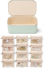 Vlando Jewelry Travel Case,Travel Jewelry Organizer with Clear Velvet Jewelry Bags 12Pcs Zipper Pouch for Women-Mint Green
