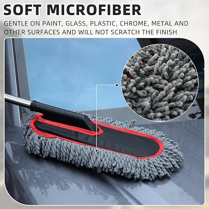 Tanlade 4 Pack Microfiber Car Duster Exterior Scratch Free with Extendable Handle Auto Duster Exterior Cleaning Dust Tools for Car Brush for Cars Truck Bike RV Boats Motorcycle (Gray with Red Edge)