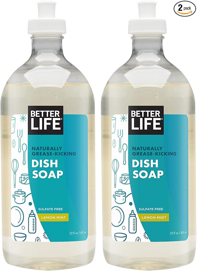 Better Life Dish Soap - Liquid Dishwashing Soap with Vitamin E and Aloe for Home & Kitchen Sink - No Gloves Required Kitchen Soap for Sensitive Skin - 22oz (Pack of 2) Lemon Mint
