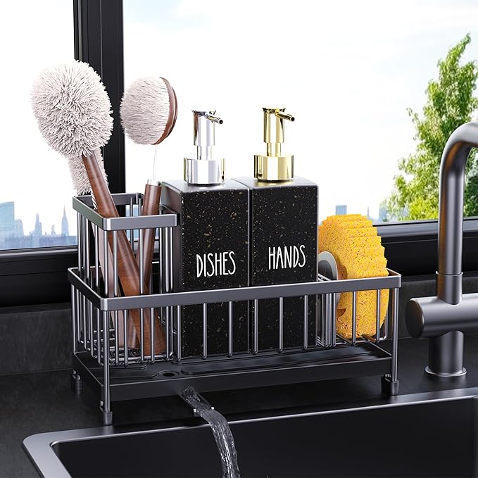 Kitchen Soap Dispenser Set with Sink Caddy, 12 Oz Glass Bottle, Hand and Dish Soap Dispenser Set with Sponge Holder (Black Sink Caddy + Black Bottle)