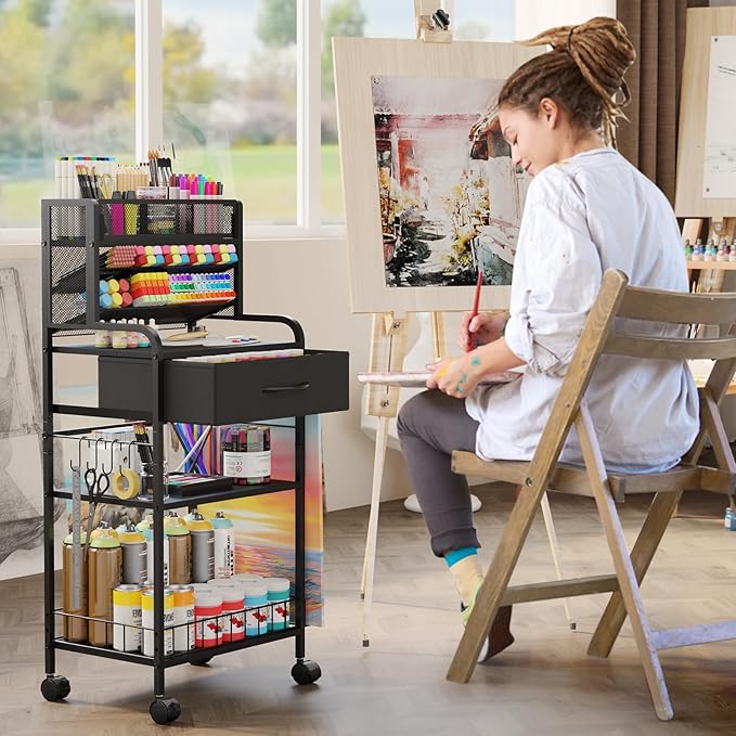 Art cart, 3 Tier Rolling Cart - Utility Cart with Storage Drawer and Wheels, Versatile Art & Craft Organizer for Home, Office, or Studio Ideal for Storing Brushes, Paints (Black)