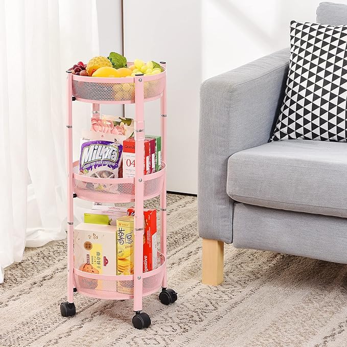 TOOLF 3-Tier Foldable Metal Storage Rolling Cart, Collapsible Utility Cart, No Assemble, Multifunction Organizer Trolley with Lockable Wheels for Kitchen, Living Room, Bathroom, Pink
