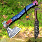 Viking Axe with Gift Vikings Knife Sheath | HandForged Carbon Steel Camping Axes and Hatchets Viking Gifts for Men | Bearded Vikings Valhalla Axe (Ax-64)