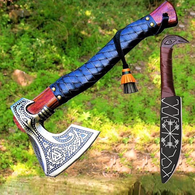Viking Axe with Gift Vikings Knife Sheath | HandForged Carbon Steel Camping Axes and Hatchets Viking Gifts for Men | Bearded Vikings Valhalla Axe (Ax-64)