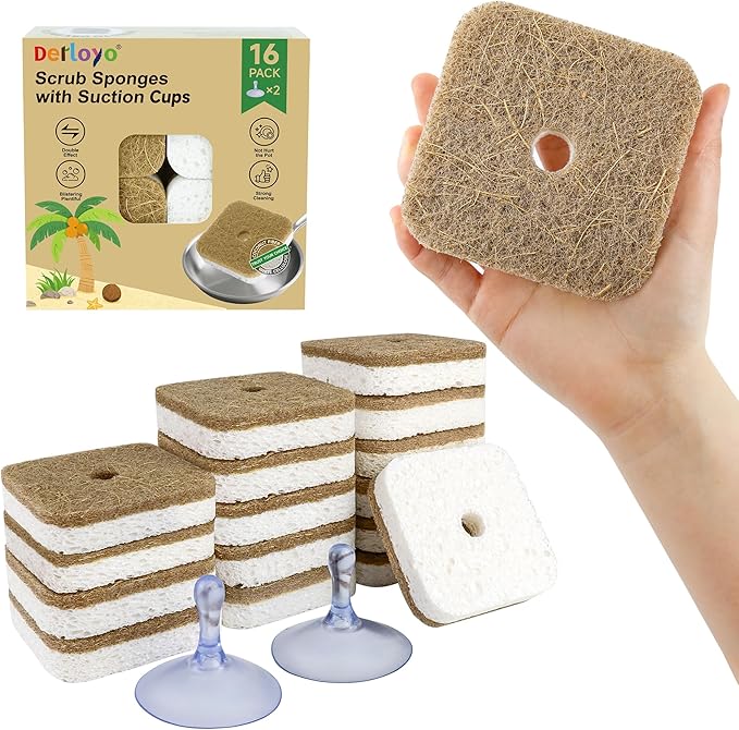 16 Pack Biodegradable Natural Kitchen Sponges, Compostable Cellulose & Coconut Square Scrubber, Dual Sided Dish Sponge for Washing Dishes, Eco Friendly