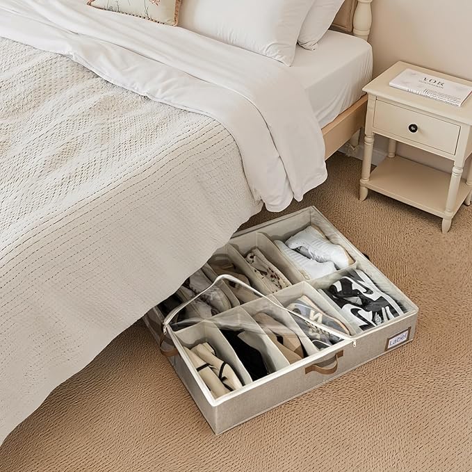 StorageWorks Under Bed Shoe Storage for Closet, 2-Pack Ultra-thick Fabric Shoe Organizer, Collapsible Shoes Containers with Bottom Support, Fits up to 24 Pairs, Brown