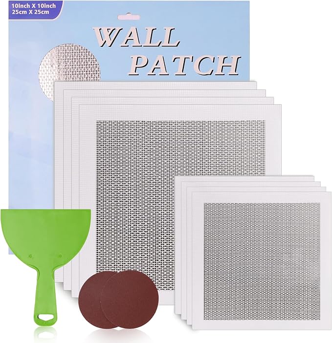 Wall Repair Patch Kit Upgraded Size, 8 Pcs 10/8 Inch Self Adhesive Pieces Aluminum Drywall Repair Kit, with Its Own Large Squeegee and Scraping, GMingZTong