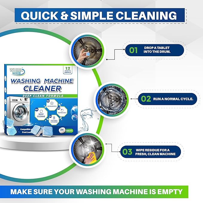 Washing Machine Cleaner Tablets, 24 Pack–Deep Cleaning Tablets for Top & Front Load HE Washer Cleaners, Descaler & Deodorizer, Septic Safe, Cleans Drum, Tub, Seal & All Internal Parts