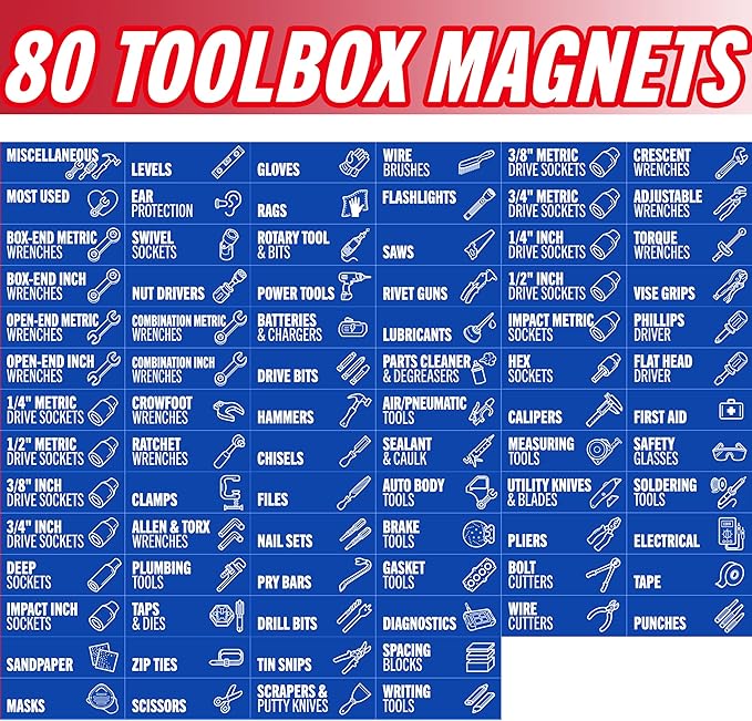 Toolbox Organization Magnetic Labels-80 Large Tool Chest Organizer Labels-Strong Magnets-Fits All Brands of Steel Tool Box Drawers (Blue 3.125x1.0 in)