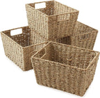 Casafield Set of 4 Seagrass Storage Baskets with Handles - Natural, Woven Rectangular Storage Bins for Shelves, Blankets, Laundry Organization