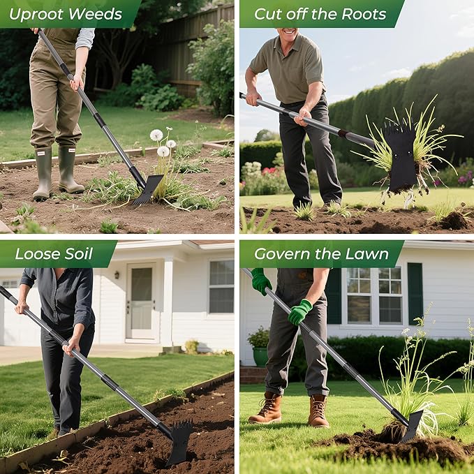 Walensee Weed Puller Tool with Long Handle, 64inch Manual Weeder Remover Tool, 7-Tines Weed Rake and 2-in-1 Hoe Garden Tool for Gardening, Uprooting Weeding Pull for Yard, Lawn, Patio and Garden