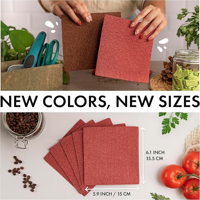 SUPERSCANDI 6 Pack Swedish Dishcloths for Kitchen - 100% Biodegradable & Compostable Reusable Paper Towels Washable, Food-Safe & Without Plastic - Dish Rags Suitable for Any Surface, Red