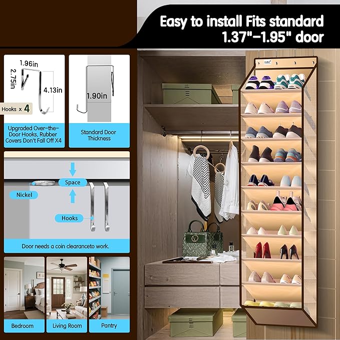 10 Tier Hanging Shoe Rack - Heavy Duty Behind the Door Hanging Shoe Rack, Sturdy Oxford Cloth, 20+ Pairs Over the Door Shoe Cabinet for Boots and Sneakers - Save 50% Closet Space! (Beige)