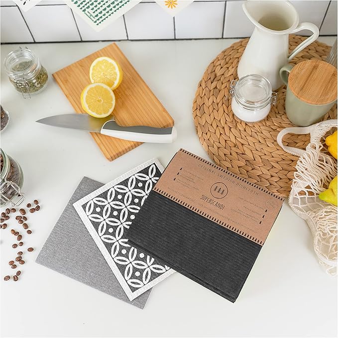 SUPERSCANDI 6 Pack Swedish Dishcloths for Kitchen - 100% Biodegradable & Compostable Reusable Paper Towels Washable, Food-Safe & Without Plastic - Dish Rags Suitable for Any Surface, Grey