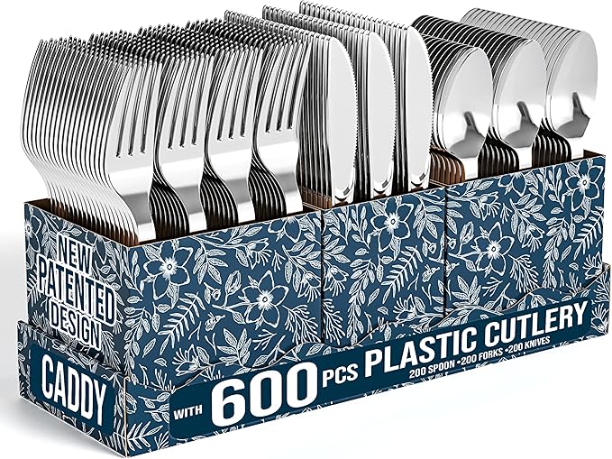 Exquisite Silver Plastic Silverware Heavy Duty 600 Pack - Utensil Caddy For Parties, Utensil Holder For Kitchen Counter 200 Each Plastic Spoons Forks & Knives Set Flatware Sets Disposable Silverware.