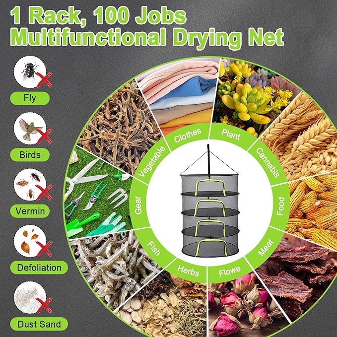 LUKETURE 4-Layer Hanging Herb Dryer Rack - with U-Zipper Mesh Net & Hook, Foldable Collapsible Drying Rack for Plants, Herbs, Flowers, Fish, Jerky, Laundry