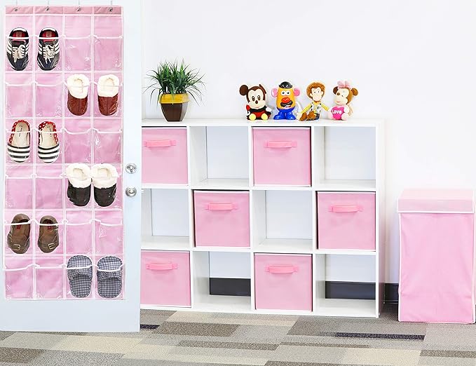 Simple Houseware 24 Pockets - Crystal Clear Over The Door Hanging Shoe Organizer, Pink (64'' x 19'')