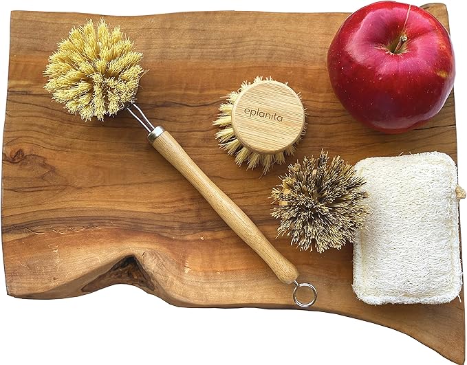 eplanita Natural Dish Brush, 3 Replacement Heads, Kitchen Eco Bamboo Scrubber Brushes, Extra Plant Sponge, Plastic Free Washing Up, Zero Waste Cleaning