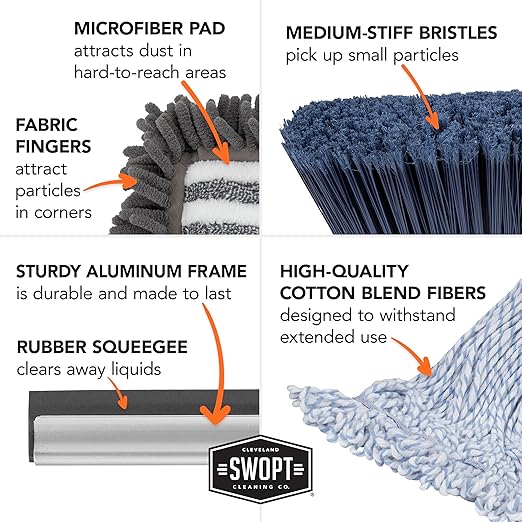 SWOPT 7-Piece Ultimate Indoor Kit — Includes 48” and 60” Wooden Handles, Dust Mop, Cotton Mop, Angle Broom, Flexible Duster, Window Squeegee, and Organizer — Everything You Need to Clean Indoors