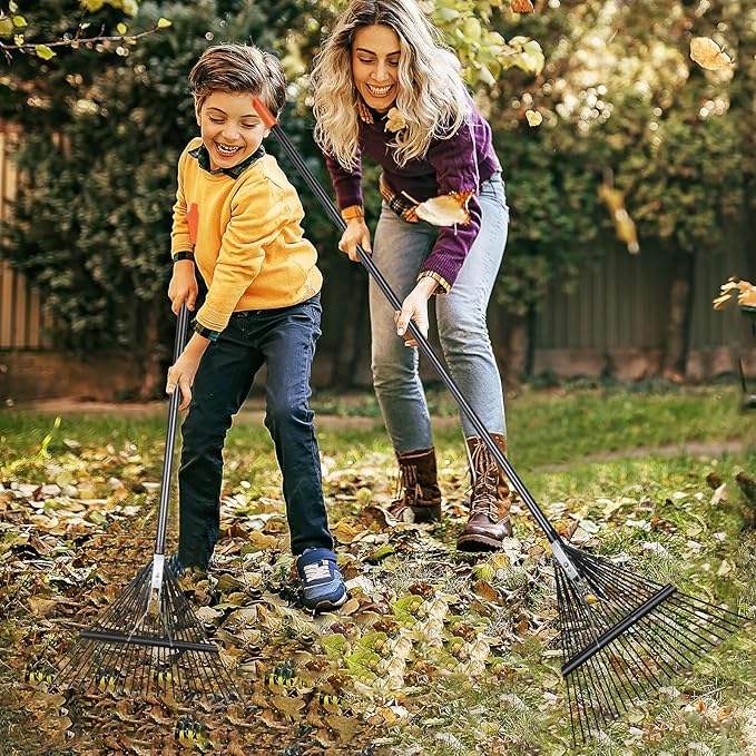 46 HRC Steel Gardening Leaf Rake, 24 Tines 23.2" Wide,Adjustable Split Long Handle 33-67",Suitable for Raking Leaves and Lawn Tidying,Garden rake and thatch rake Suitable for Adults
