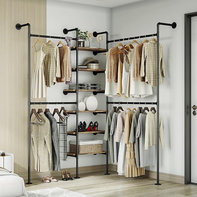 Industrial Pipe Clothes Rack, DÉCOR Wall Mounted Clothing Rack, for Walk-in Wardrobe Multi-Purpose Storage Clothes Hanging Shelf, 2 Installation Methods
