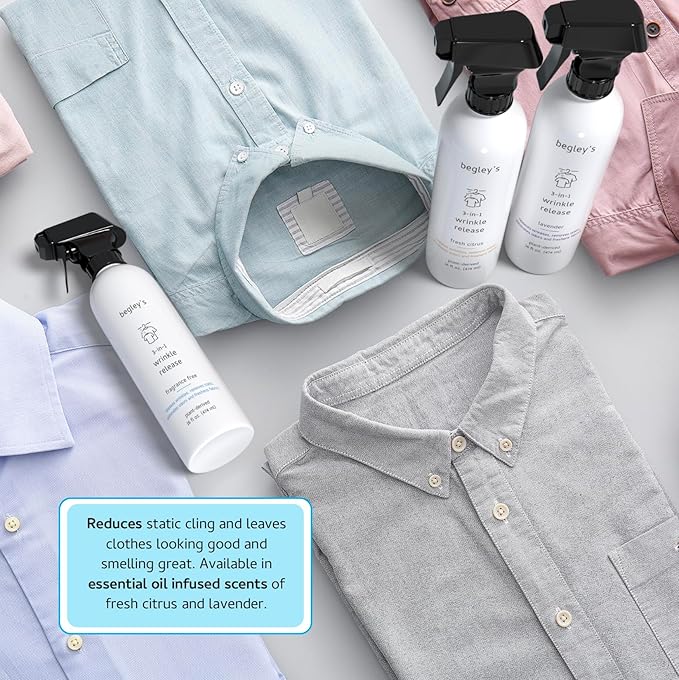 Begley's 3-in-1 Wrinkle Remover, Quick Fix Wrinkle Release, Static Cling Remover, Odor Eliminator and Fabric Refresher Spray - USDA Certified Biobased - Citrus, 16 oz, 2 Pack