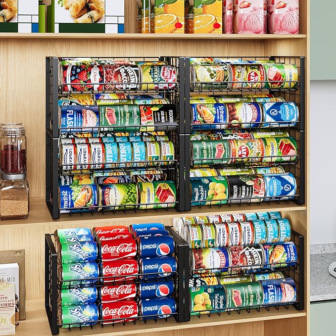 JKsmart 2-Tier Stackable Can Rack Organizer for Pantry, Adjustable Can Dispenser Holds Up to 62 Cans, Can Storage Holder for Various Ounces of Canned Food Soda Drinks, Black, 2 Pack (Petent Pending)