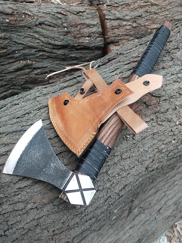 Kacha Store | custom handmade Viking medieval Axe with Viking gift,Hand Axe,Viking Gifts for Men,Camping Tomahawk,Bearded,Valhalla Axe with Leather Sheath (Battle axe) (Valhalla)