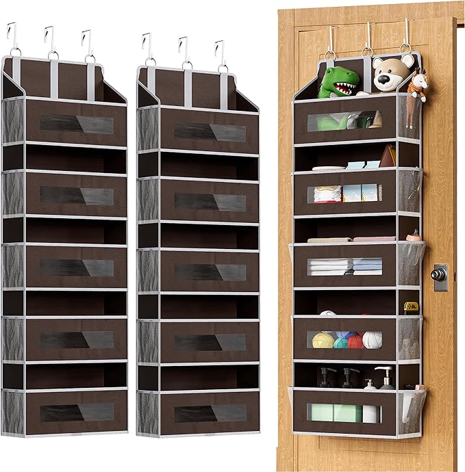 5 Tier Over The Door Organizer - Large Capacity Behind Door Hanging Shelves with 10 Mesh Pockets and Clear Windows, Closet Organizers and Storage for Bathroom, Bedroom, Nursery, 2 Pack Brown
