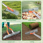 Thatch Rake, 15 Inch Lawn Thatching Rake, Heavy-Duty Dethatcher Rake with Gloves, 64 Inch Versatile Grass Grooming Rake for Withered Grass Cleaning Yard Garden Soil Rake