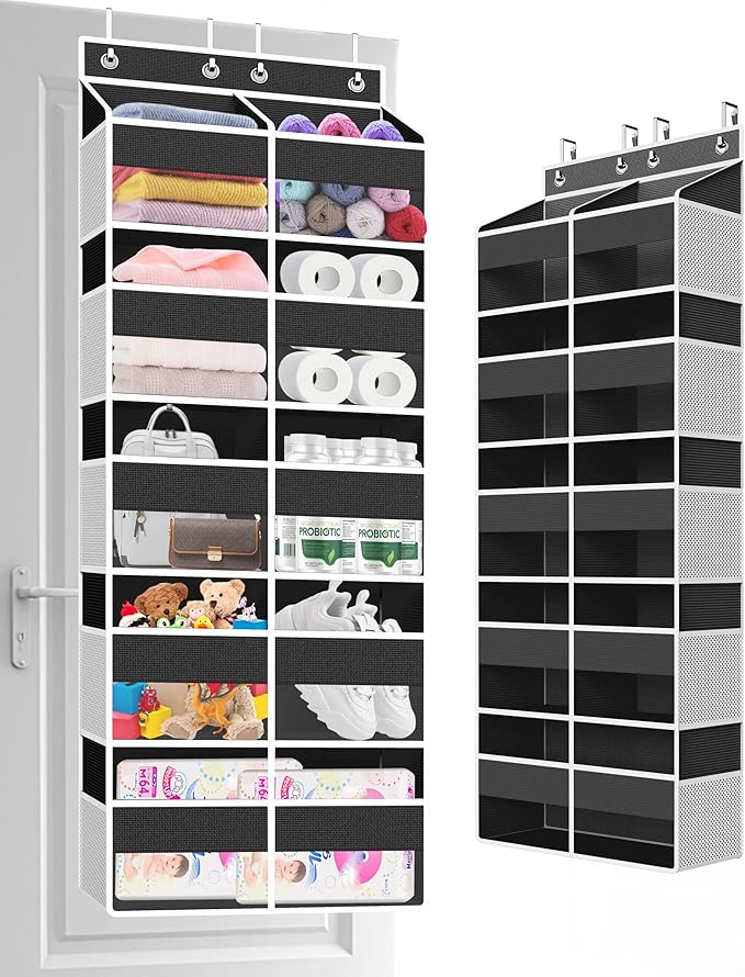 Over The Door Organizer Multi Pocket,5 Tier Large Hanging Shelf for Storage Kids Toys, Diapers, Clothes,Yarn,Heavy Duty Behind Door Storage for Bedroom Bathoom Nursery Closet Pantry,Black
