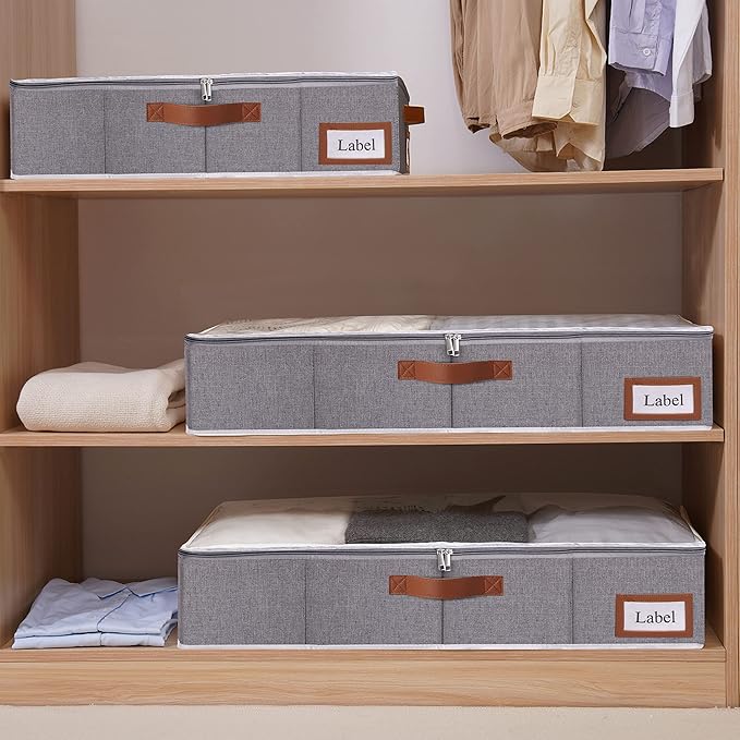 Yawinhe Under Bed Storage Containers, 4 Pack, Bin with Lids, Collapsible Closet Organizers, with Sorting Card Slot and 4 Leather Handles, for Blanket, Bedding, 31.5''Lx15.7''Wx6''H, Grey