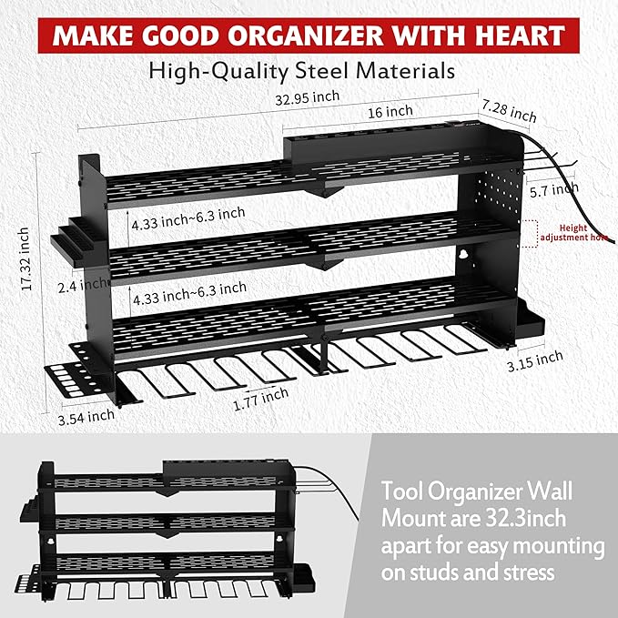 Power Tool Organizer with Charging Station, 4 Layers 8 Drill Holder Wall Mount,Metal Garage Rack with 10A Power Strip,Tool Shelves with Hooks,Drill Bit Storage, for Men Dad (Black)