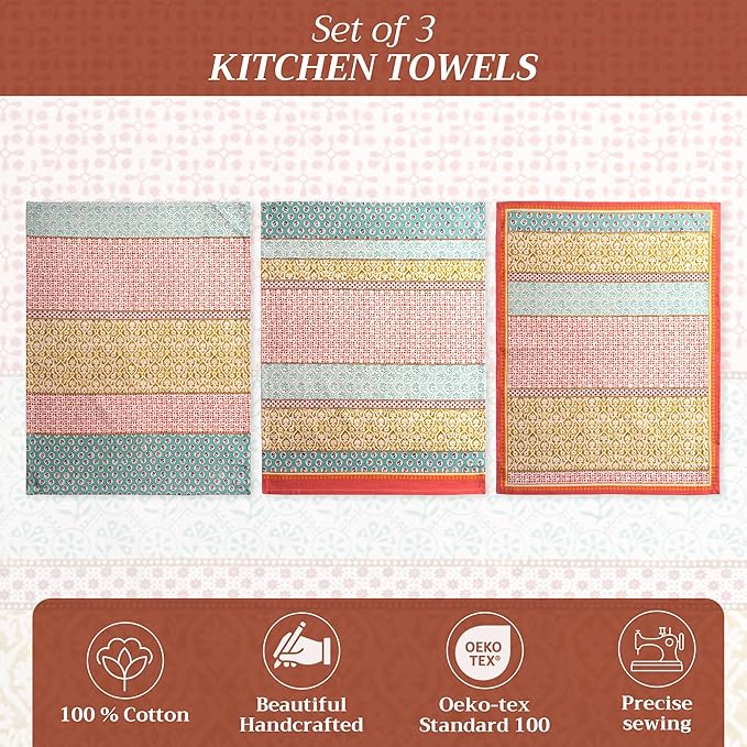 Maison d' Hermine Kitchen Towels Set of 3 100% Cotton 27.50" x 20" Reusable Cloth Tea Dish Towels Absorbent with Hanging Loop for Kitchen, Home, Dining, Cocktail Parties Spring/Summer (Provence)