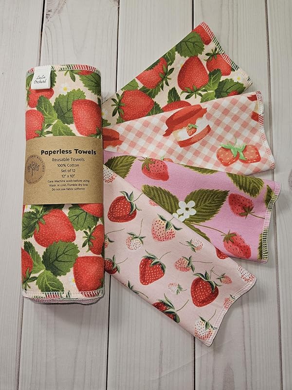 Paperless Towels, 12-12" X 10" Washable Paper Towels, Reusable Paper Towels, 100% Cotton (Strawberry Variety)