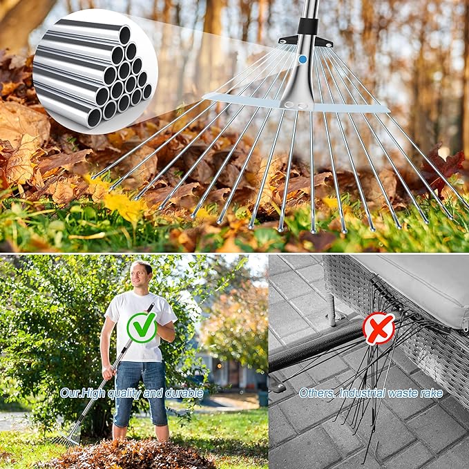 Garden Rake for Leaves, Heavy Duty Metal Adjustable Leaf Rake for Lawns, Length 37"-81", Adjustable Expandable Head 8"-15", Garden Tools for Lawn Garden Yard Flowers Beds Bush