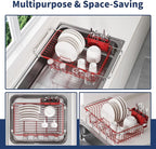 JASIWAY Red in Sink Dish Drying Rack, Expandable Stainless Steel Small Dish Rack Over Kitchen Sink, Plate Drainer Strainer with Cutlery Holder & Cup Holders, Counter Space Saving Wire Dryer Rack