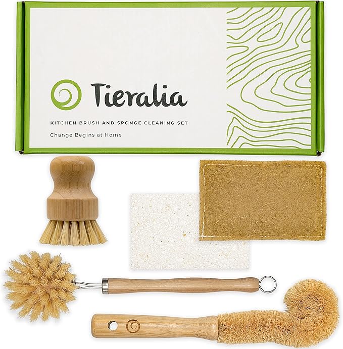 Tieralia Bamboo Dish Brush Gift Set – 5-Piece Kitchen Cleaning Bundle with Bottle Brush, Palm Brush, Scrub Brush & Sponge Pads | Elegant Wood Handles, Scratch-Safe Bristles, Giftable Packaging