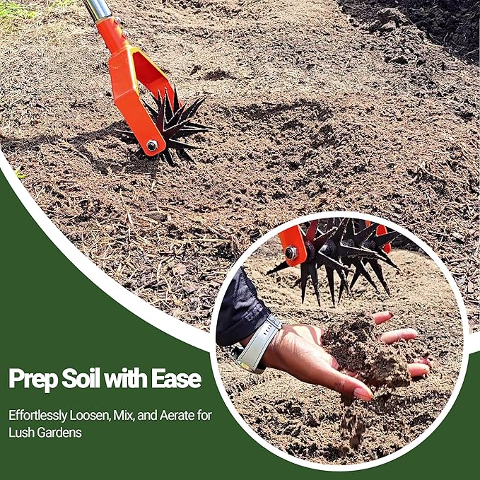 67-Inch Garden Cultivator with Tempered Spring Steel Tines, Adjustable Stainless Steel Handle, Manual Rotary Design for Soil Loosening