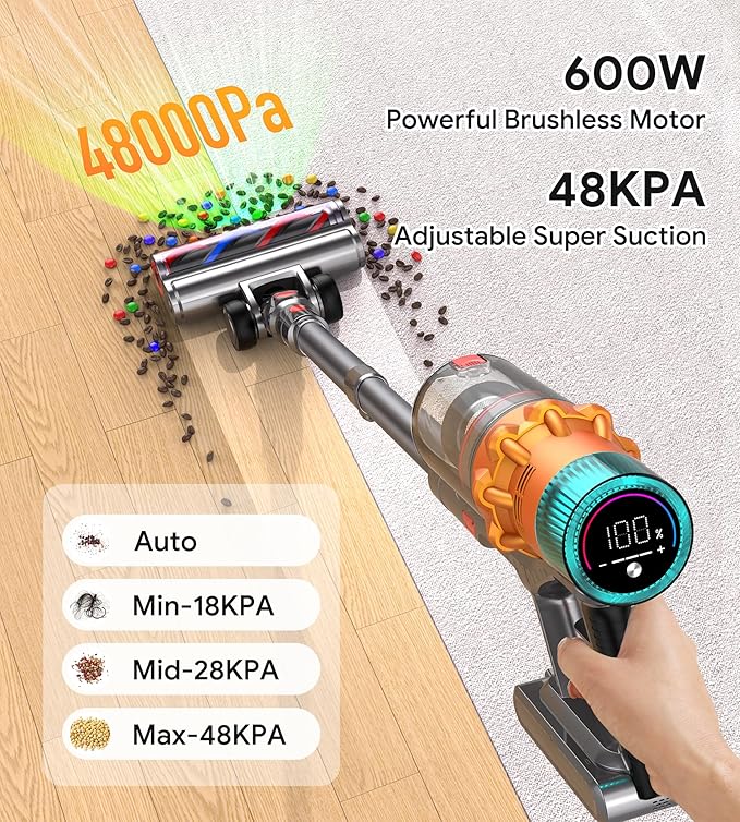 Cordless Vacuum Cleaners for Home,8-in-1/65Min/600W/48Kpa Powerful Suction,Self-Standing Cordless Stick Vacuum Cleaner,Lightweight Anti-Tangle Rechargeable Vacuum for Floor/Carpet/Pet Hair/Car