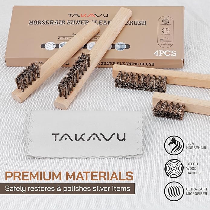 TAKAVU Horsehair Detail Brush Set, Silver Cleaning Brushes & Polish Cloth for Silverware Plateware Jewelry