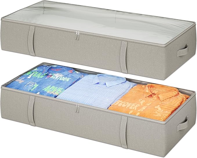 2-Pack Under Bed Storage Containers, 8 Inches Tall Underbed Clothes Storage Organizer Bin with Sturdy Sidewalls/Bottom, Under the Bed Storage Bags 2 Storage Bins, Light Grey